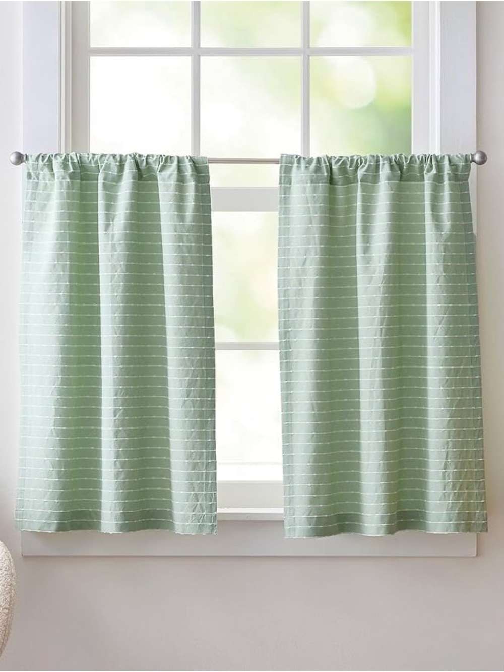Curtainworks Bridge Street Tailored Tier Pair Green Stripe Light Filter 28x36
